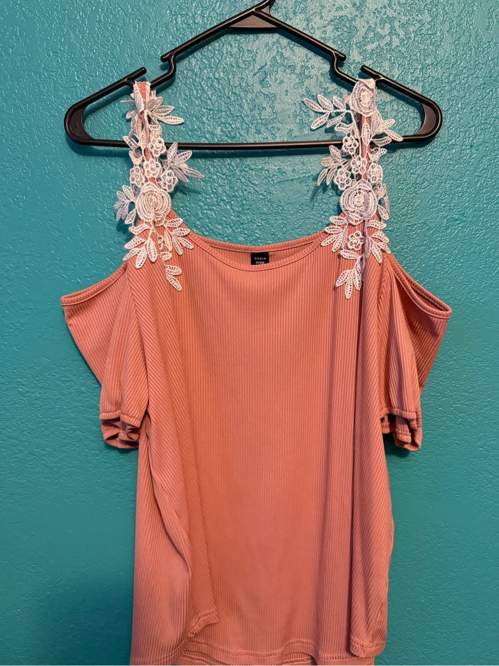 Off-Shoulder Lace Strap Ribbed Top